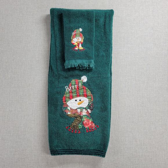 Vintage Cotton Terry Cloth Holiday Towel 2pcs Set Green Winter Snowman Holiday - Picture 13 of 13